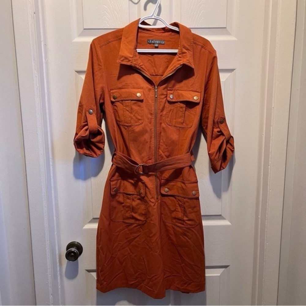 Sharagano Dress orange women Large belt midi summer pocket shirt sleeve
